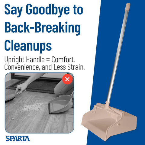 Commercial Upright Dustpan With 30 Inch Aluminum Handle Serrated Broom Comb Edge And Locking Yoke Standing Floor Sweeper Tan on a wooden floor.
