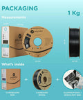 ASA 3D Printing Filament 1.75mm Black 1kg packaging and contents, showing spool, box, and additional items, designed for outdoor use.