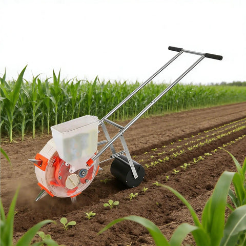 Manual Hand Push Garden Seeder With Stainless Steel Duckbill, Clear Seed Box, Roller Wheel in cornfield for easy sowing