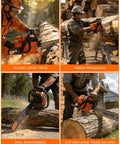 Workers using 92cc gas powered chainsaw with 36 inch bar for heavy duty wood cutting and tree pruning, shown in four settings