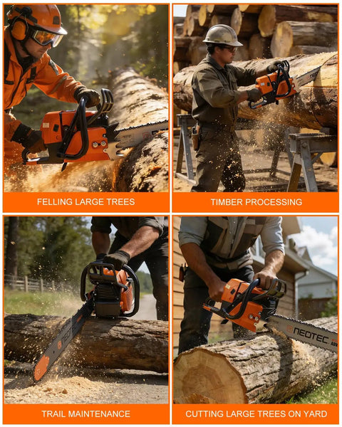 Workers using 92cc gas powered chainsaw with 36 inch bar for heavy duty wood cutting and tree pruning, shown in four settings