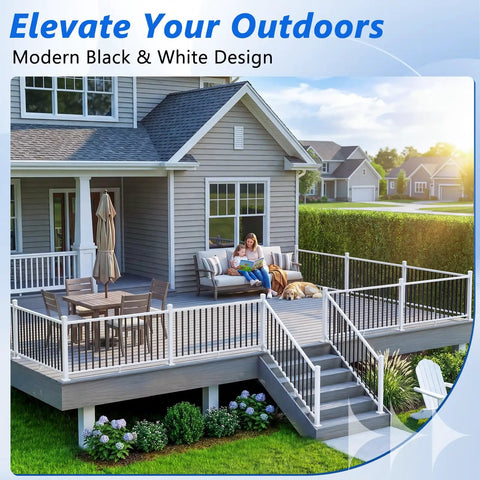 2 Pack Modular Aluminum Porch And Deck Railing Kit For Stairs 6 Ft Long By 3 Ft High DIY Friendly Easy Install AAMA 2604 Textured Powder Coat Finish Outdoor Steps Porches And Patios Black And White