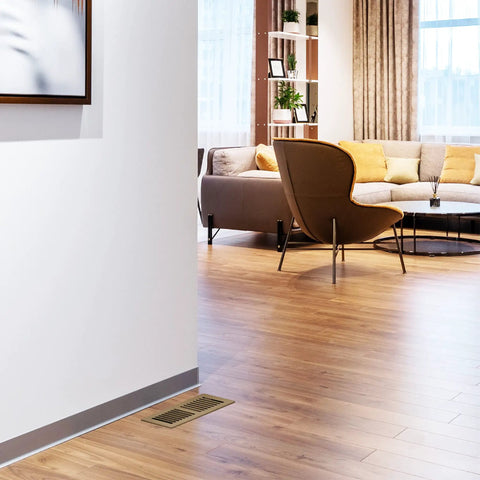 Steel Floor Register Pro Grade 4x10 Inches Painted White Finish Contractor Grade Duct Floor Grate visible on wooden floor in home setting