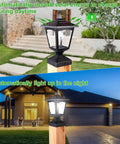 Outdoor Solar Powered Post Cap Lights For 4x4 Wood Posts, Waterproof Lantern Caps during day and night in garden setting