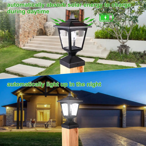 Outdoor Solar Powered Post Cap Lights For 4x4 Wood Posts, Waterproof Lantern Caps during day and night in garden setting