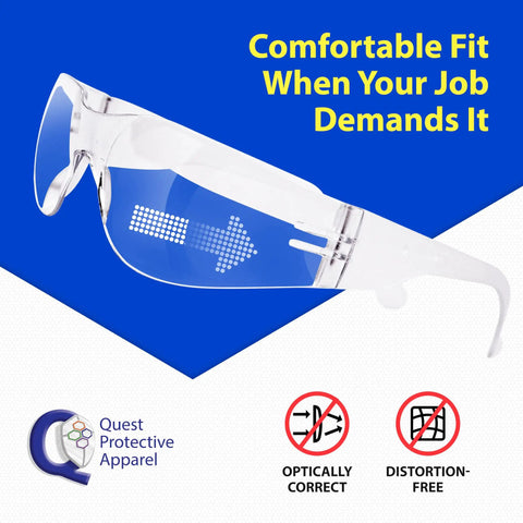 Heavy Duty Anti Fog Tinted Safety Glasses With Polycarbonate Impact Resistant Lenses Built For Construction And Diy Tasks Delivering Tight Wraparound Fit And Legit Eye Protection In A Five Pack Bundle, clear design with arrow indicator.