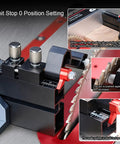 Rugged Aluminum Table Saw Miter Gauge Designed With Reliable Flip Stop Fence showing limit stop 0 position setting with precise scale pointer.