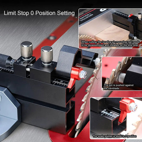 Rugged Aluminum Table Saw Miter Gauge Designed With Reliable Flip Stop Fence showing limit stop 0 position setting with precise scale pointer.
