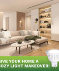 Living room with recessed lighting showcasing MR16 LED Bulb Dimmable 50W Halogen Replacement, Only 7W, 12V AC DC, 3000K Warm White.