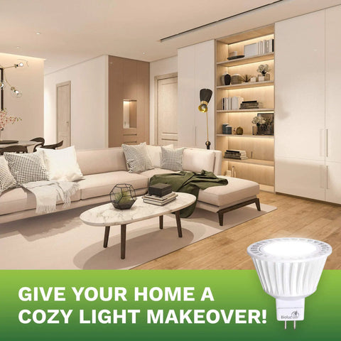 Living room with recessed lighting showcasing MR16 LED Bulb Dimmable 50W Halogen Replacement, Only 7W, 12V AC DC, 3000K Warm White.