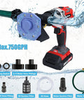 Heavy Duty Drill Powered Water Transfer Pump With 750 Gph High Flow Drainage Kit, showcasing pump details and hose fittings.