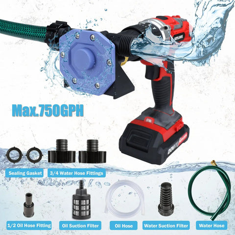 Heavy Duty Drill Powered Water Transfer Pump With 750 Gph High Flow Drainage Kit, showcasing pump details and hose fittings.