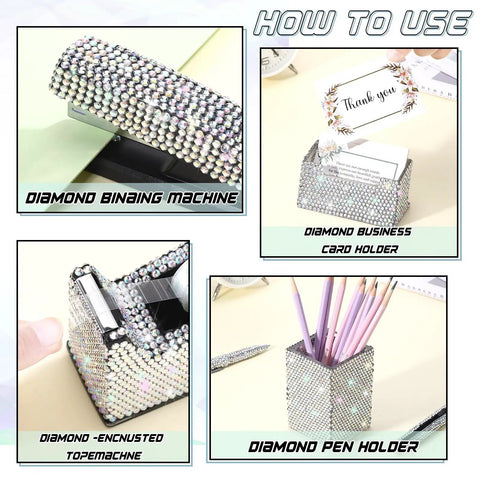 Blinged Out Desk Accessories Set Seven Piece Office Glam Kit with diamond stapler, card holder, and pen holder, white rhinestones.
