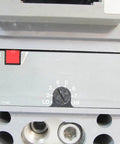 Top Shelf 450 Amp 600 Volt Three Pole Industrial Circuit Breaker close-up of push to trip button and settings.