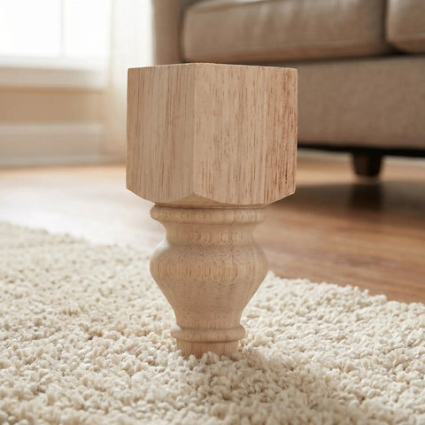 2 Pack Round Wooden Sofa Feet Replacement, 5.9 Inch Chunky Farmhouse Table Legs With Carved Unfinished Surface on rug