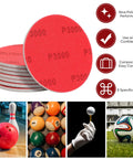Eight Pack Bowling Ball Sanding Pads Set With 8 Grits From 500 To 3000, stacked red pads and icons highlighting usage