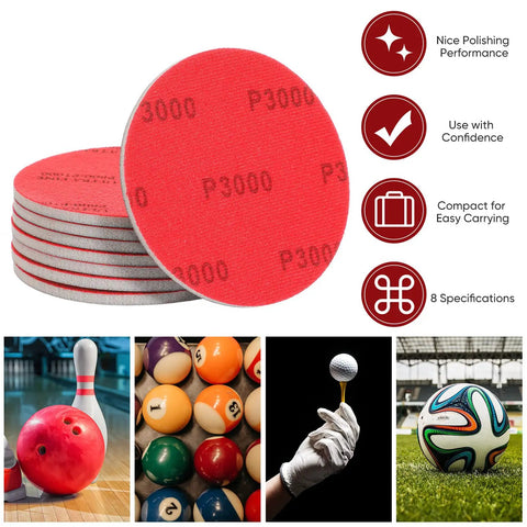 Eight Pack Bowling Ball Sanding Pads Set With 8 Grits From 500 To 3000, stacked red pads and icons highlighting usage