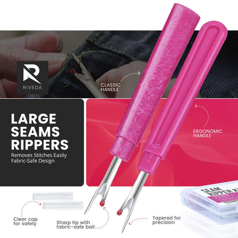 All In One Handy 7 Piece Seam Ripper Kit with large classic and ergonomic pink seam rippers for sewing projects.