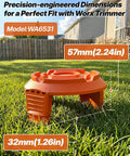 Orange WA6531 spool cap cover on grass showing dimensions for Worx trimmer, 57mm height and 32mm width.