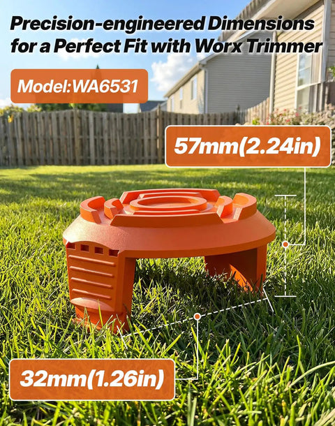 Orange WA6531 spool cap cover on grass showing dimensions for Worx trimmer, 57mm height and 32mm width.