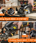 5.5 Inch Mini Circular Saw With Laser Guide And Auxiliary Handle 6.5 Amp Copper Motor demonstrating cutting depth capabilities.