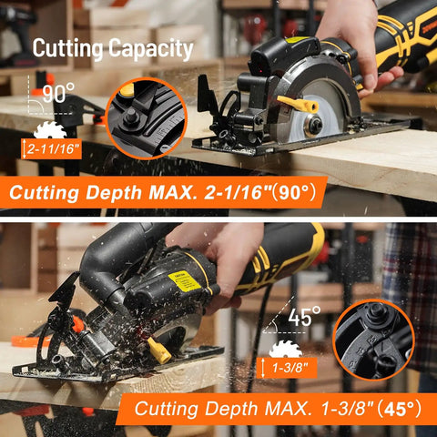 5.5 Inch Mini Circular Saw With Laser Guide And Auxiliary Handle 6.5 Amp Copper Motor demonstrating cutting depth capabilities.