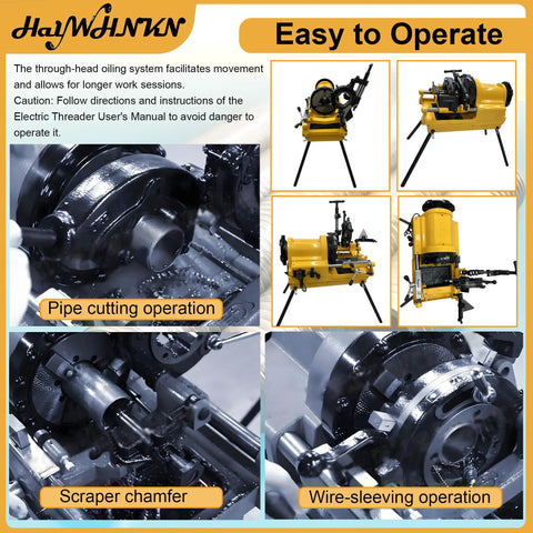 Straight Up Heavy Duty Workhorse Electric Pipe Threader And Cutting Tool 1 2 To 4 Inch NPT BSPT Die Set 220V 750W Solid Rig pipe cutting operation close-up.
