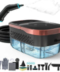 Badass Steam Cleaner Rapid 15 Second Heat Up With 4 Bar Pressure And 6 Adjustments 42 Oz Big Tank 7 Foot Hose And 18 Nifty Tools To Smash Grease And Clean Tile Easy Peasy At Home Or Car, featuring sprayer and various tools.