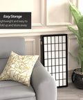Compact 3 Foot Short Window Pane Shoji Screen Black 5 Panel Room Divider With Rice Paper Panels And Lightweight Spruce Frame folded