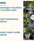 Low Water Shut Off Fountain Pump With Auto Shut Off To Prevent Burnout, 80 GPH, 2 Ft Pumping Height in diverse water feature setups