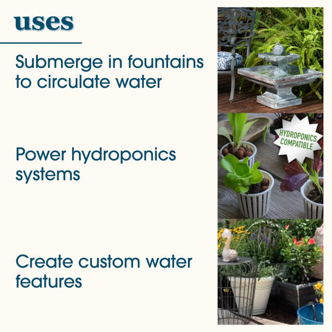 Low Water Shut Off Fountain Pump With Auto Shut Off To Prevent Burnout, 80 GPH, 2 Ft Pumping Height in diverse water feature setups