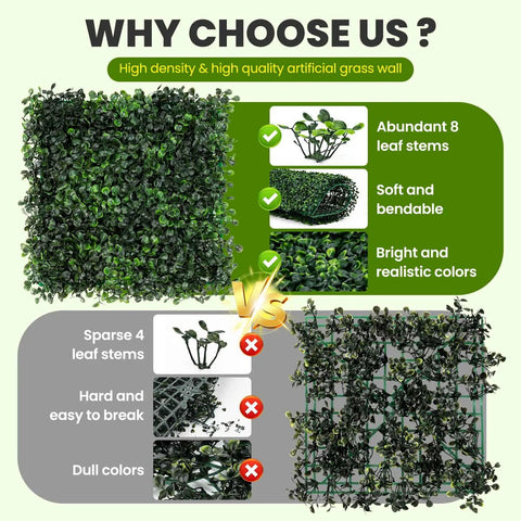Why choose us comparison of artificial grass wall panel kit with 12 boxwood panels 10x10 inches for greenery walls