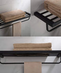 Stelios Matte Black Bathroom Shelf With Towel Bar Built To Last Solid Brass Construction Rugged And Rust Resistant Finish Built In Bar For Towels And Accessories KEA 19942MB Wall Mount with towels
