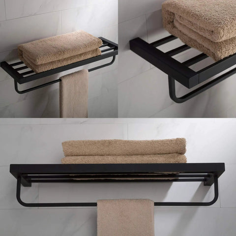 Stelios Matte Black Bathroom Shelf With Towel Bar Built To Last Solid Brass Construction Rugged And Rust Resistant Finish Built In Bar For Towels And Accessories KEA 19942MB Wall Mount with towels