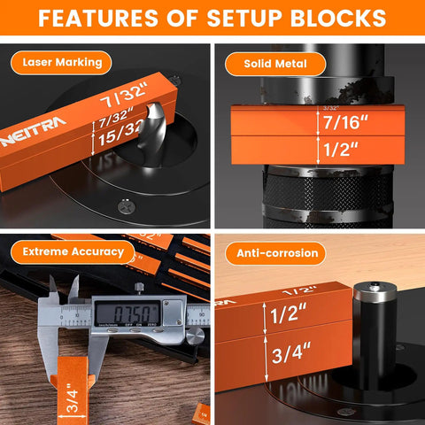 Pro Woodworking Setup Blocks Aluminum Height Gauge Set 15 Pcs for router and table saw, featuring laser marking and caliper measurement.