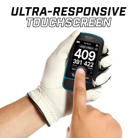 Golfer using Swami 7000i Touchscreen Golf GPS Rangefinder With Two Point Five Inch Color Display, Bright Readout in hand