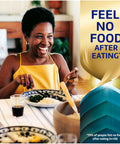 Person enjoying a meal with the text 'Feel No Food After Eating' promoting zinc-free denture adhesive cream.