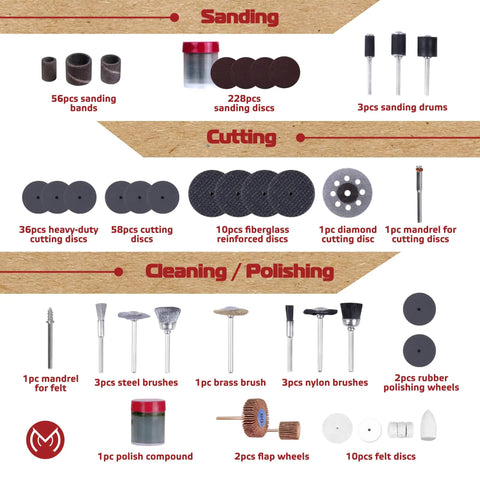 476 Piece Rotary Tool Accessories Kit With 1/8 Inch Shank shown with sanding, cutting, and polishing attachments displayed.