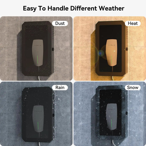 All Weather Wall Mounted EV Charger Protective Box for Outdoor Home Charging Stations Universal Fit for Tesla and Most EV Chargers Weatherproof Cover Shields Your Charger From Rain Snow Sun Dust in various weather conditions: dust, heat, rain, snow.