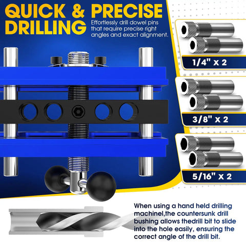 Upgrade Pro Grade Self Centering Doweling Jig Kit with six drill guide bushings and adjustable width drilling guide in blue.