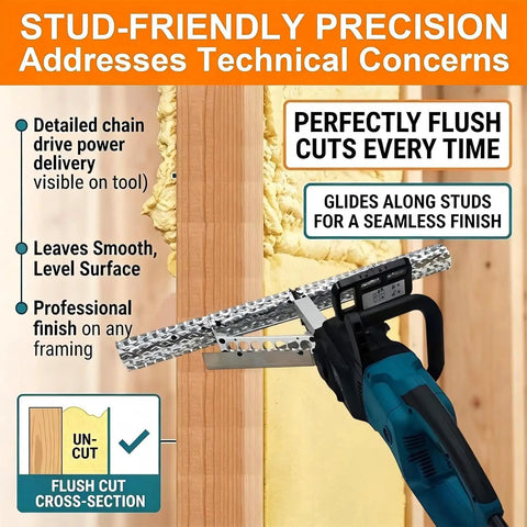 Rock Solid 1800W Foam Cutting Planer 27.5 Inch Insulation Trimmer cutting flush along a stud with foam insulation.