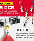 Two Pack Wall Mounted Broom and Mop Hanger Set With Stainless Steel Construction, shown with colorful towel clips and red towel.