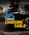 Level 2 EV Charger With 40 Amp 240V Output charging car with 25 ft cable, wall-mounted unit shown in garage