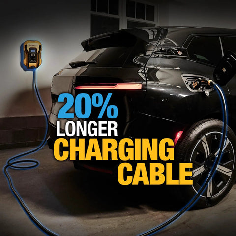 Level 2 EV Charger With 40 Amp 240V Output charging car with 25 ft cable, wall-mounted unit shown in garage
