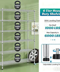 Beefy 6-Tier Wire Shelving Unit With Wheels, 6000 lb Capacity Steel Rack for Garage and Shop, Adjustable NSF Shelves, Black Finish, 48L X 18W X 72H, Quick Snap Assembly No Tools Required, 6-tier rack with leveling feet