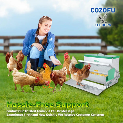 Backyard No Sweat Automatic Chicken Feeder With Forty Pound Capacity For Flocks Of Twelve Rat Proof Galvanized Steel in use outdoors.