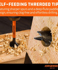 Jorgensen orange-handled spade drill bit cutting wood with self-feeding threaded tip