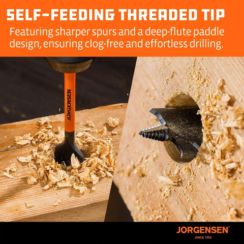 Jorgensen orange-handled spade drill bit cutting wood with self-feeding threaded tip