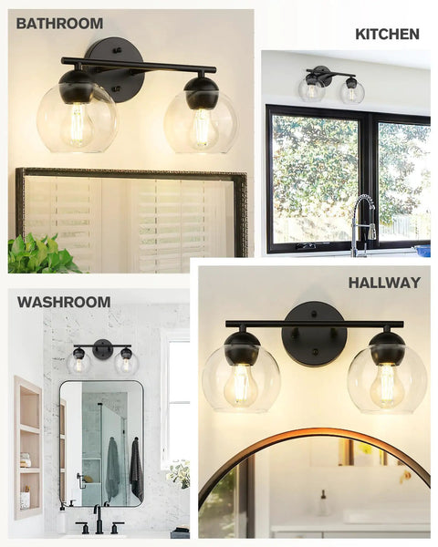 Two Light Black Bathroom Vanity Light Over Mirror With Clear Glass Globe Shades Dope Sleek Modern Bath Fixture For Powder Room And Hallway Ambience Durable Metal Construction Black Finish