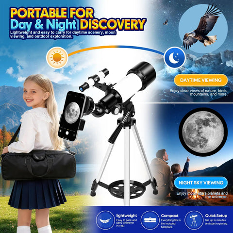 70mm Astronomical Telescope For Kids And Beginners With Space Puzzles Easy Setup And Fully Multi Coated Optics For Bright Clear Views, on tripod